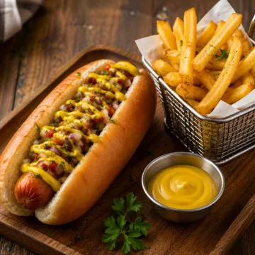 Hot dog with french fries & onion relish